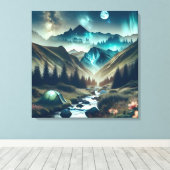 山とテントが美しいキャンピングシーン キャンバスプリント (インサイチュ (ウッドフロア))