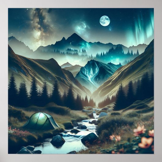 山とテントが美しいキャンピングシーン ポスター (正面)