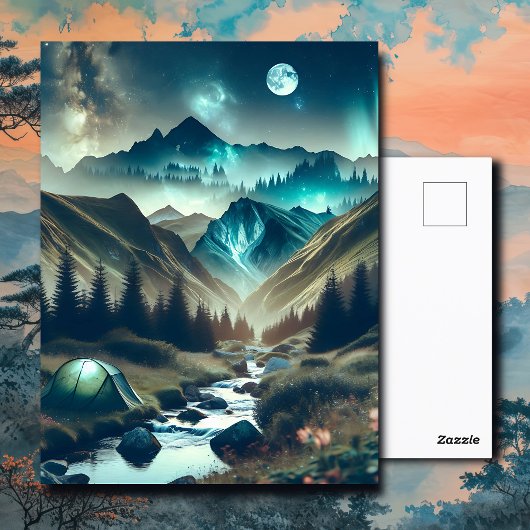 山とテントが美しいキャンピングシーン ポストカード