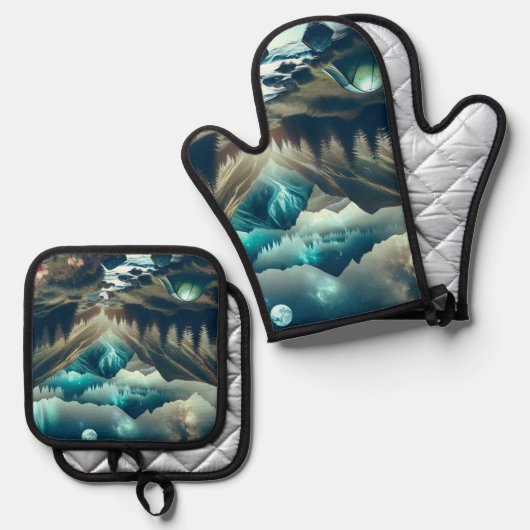 山とテントが美しいキャンピングシーン 鍋つかみ&鍋敷きセット (正面/裏面)