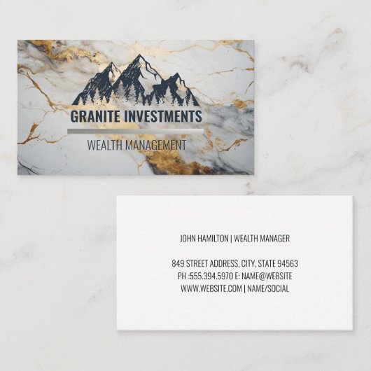 山とフォレストのロゴ |金ゴールド白大理石 名刺 (正面/裏面)