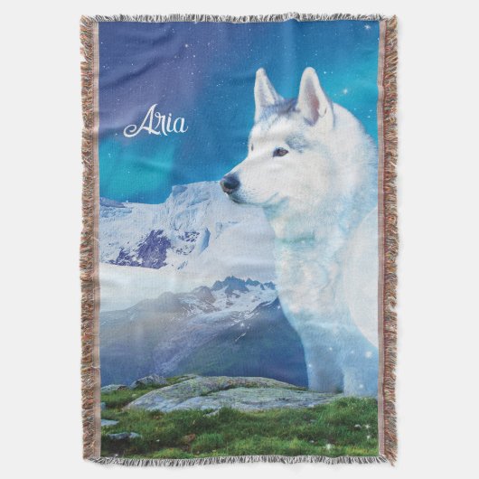 山と北の光を持つハスキー犬 スローブランケット (正面縦)