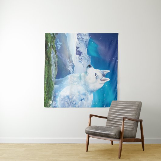 山と北の光を持つハスキー犬 タペストリー (インサイチュ(横))