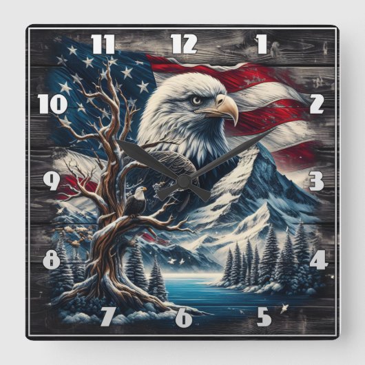山と国旗に突き刺さったハゲのワシ スクエア壁時計 (正面)