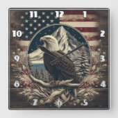 山と国旗に覆われたハゲのワシ スクエア壁時計 (正面)