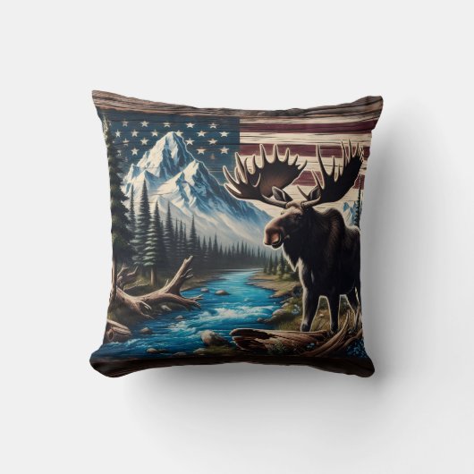 山と国旗の背景を持つ湖のそばのムース クッション (正面)