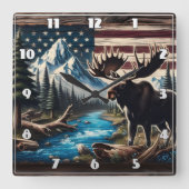 山と国旗の背景を持つ湖のそばのムース スクエア壁時計 (正面)
