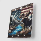 山と国旗の背景を持つ湖のそばのムース スクエア壁時計 (傾斜)