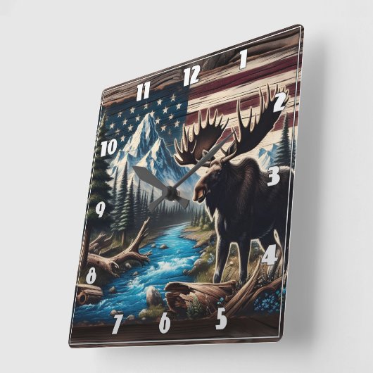 山と国旗の背景を持つ湖のそばのムース スクエア壁時計 (傾斜)
