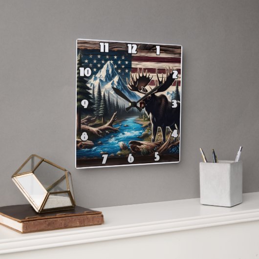 山と国旗の背景を持つ湖のそばのムース スクエア壁時計 (オフィス)