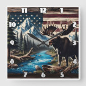 山と国旗の背景を持つ湖のそばのムース スクエア壁時計 (正面)