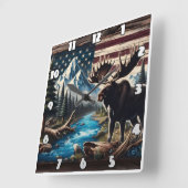 山と国旗の背景を持つ湖のそばのムース スクエア壁時計 (傾斜)