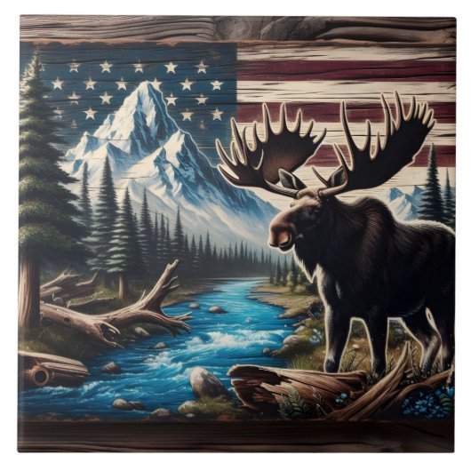 山と国旗の背景を持つ湖のそばのムース タイル (正面)