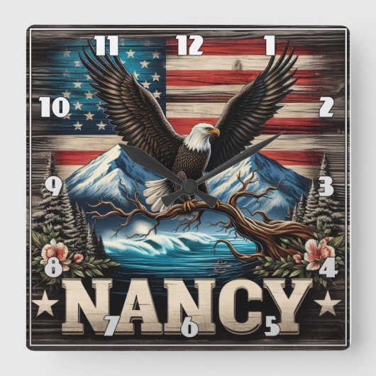 山と威厳のある旗の中に建てられたワシ スクエア壁時計 (正面)