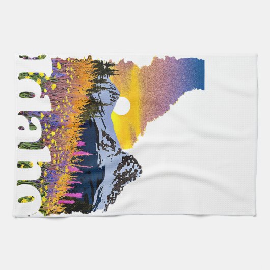 山と山花のあるアイダホの形 キッチンタオル (横)