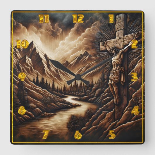 山と川で十字架につけられたイエス スクエア壁時計 (正面)