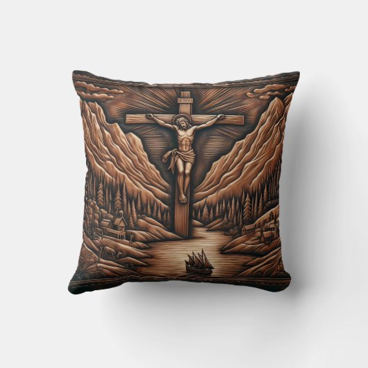山と川の中で十字架につけられたイエス クッション (裏面)