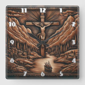 山と川の中で十字架につけられたイエス スクエア壁時計 (正面)
