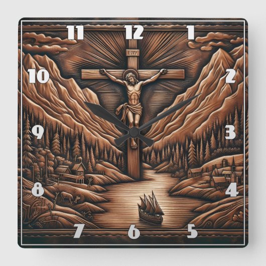 山と川の中で十字架につけられたイエス スクエア壁時計 (正面)