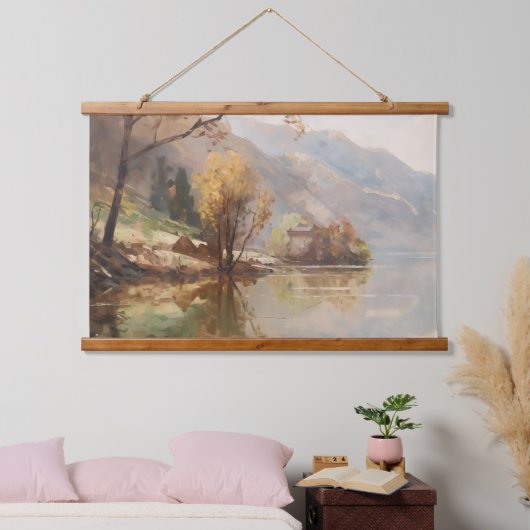 山と川の夕日 吊り下げ型タペストリー (寝室)