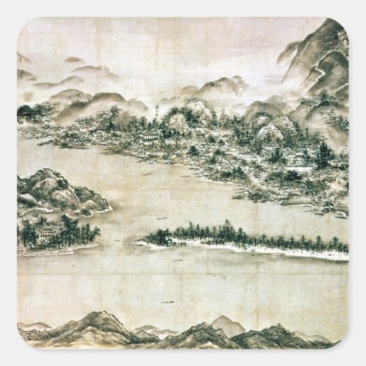 山と川の風景 スクエアシール (正面)