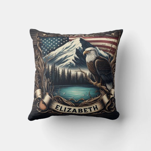 山と旗で舞うワシ クッション (裏面)