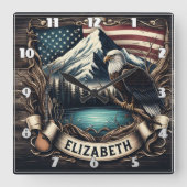 山と旗で舞うワシ スクエア壁時計 (正面)