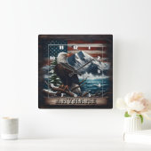 山と旗に向かって誇らしげに立つワシ スクエア壁時計 (ホーム)