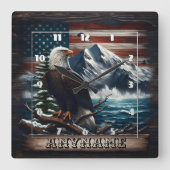 山と旗に向かって誇らしげに立つワシ スクエア壁時計 (正面)