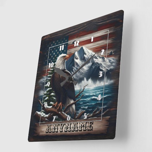 山と旗に向かって誇らしげに立つワシ スクエア壁時計 (傾斜)