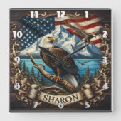 山と旗のあるハゲのワシ スクエア壁時計 (正面)