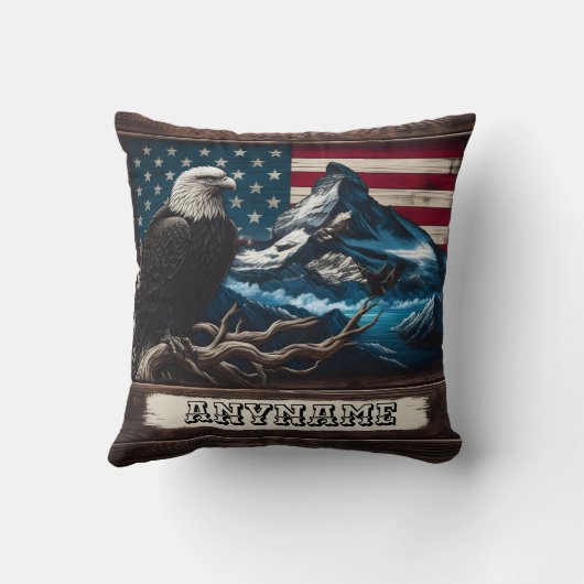 山と旗の前に止まったワシ クッション (裏面)