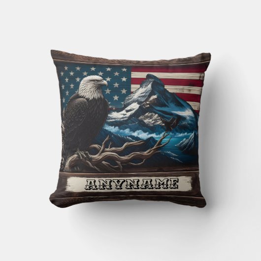 山と旗の前に止まったワシ クッション (正面)
