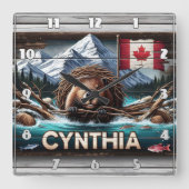 山と旗の前のカナディアン・ビーバー スクエア壁時計 (正面)