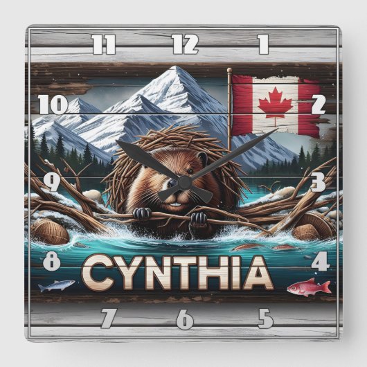 山と旗の前のカナディアン・ビーバー スクエア壁時計 (正面)