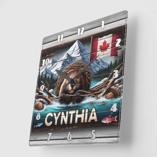 山と旗の前のカナディアン・ビーバー スクエア壁時計 (傾斜)