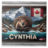 山と旗の前のカナディアン・ビーバー タイル (正面)