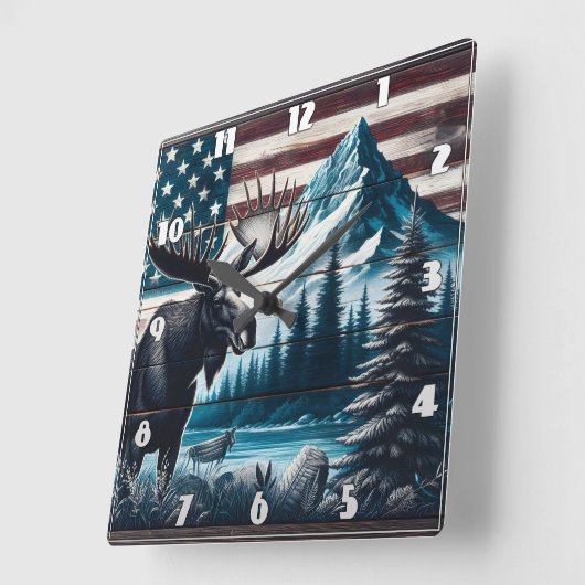 山と旗の背景に向かって歩く スクエア壁時計 (傾斜)