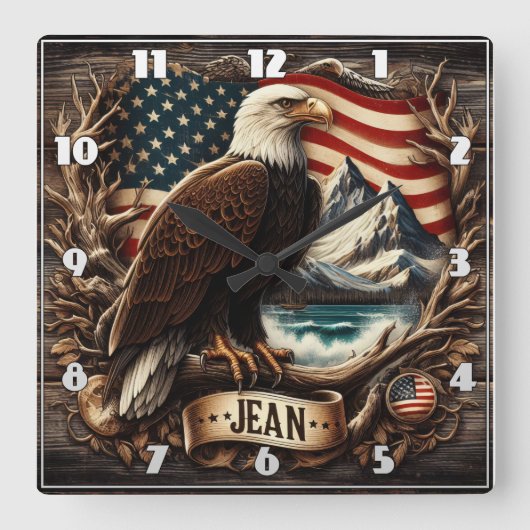 山と旗の背景を持つアメリカワシ スクエア壁時計 (正面)