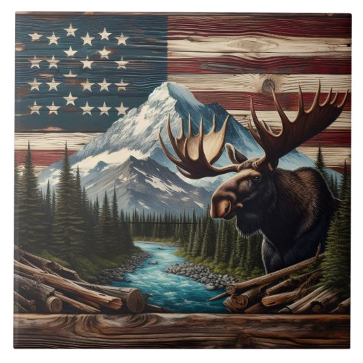 山と旗の背景を持つマウス タイル (正面)