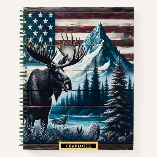 山と旗の背景を持つムース ノートブック (正面)
