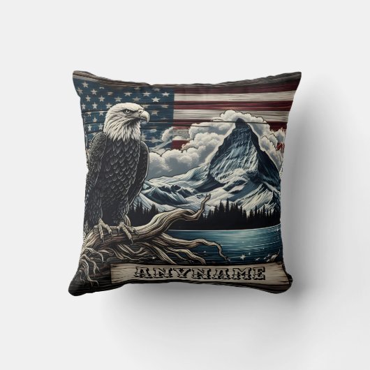 山と旗の背景を持つワシ クッション (裏面)