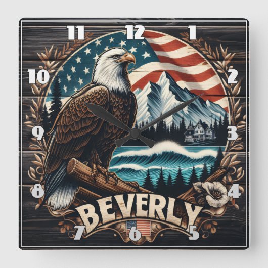 山と旗の背景を持つワシ スクエア壁時計 (正面)