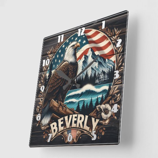 山と旗の背景を持つワシ スクエア壁時計 (傾斜)