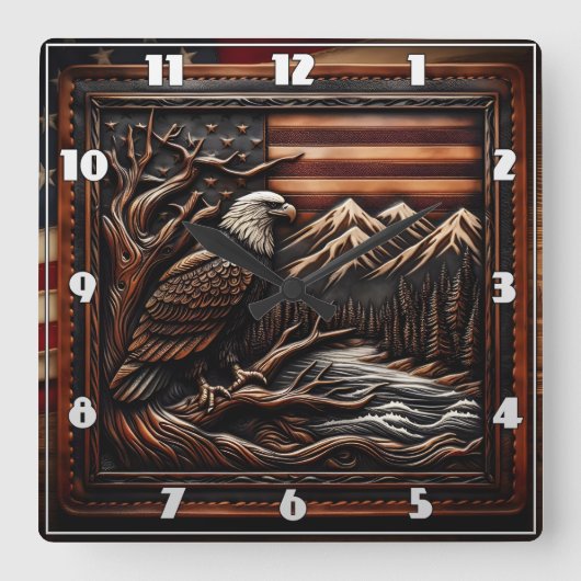 山と旗を持つアメリカの鷲の彫刻 スクエア壁時計 (正面)