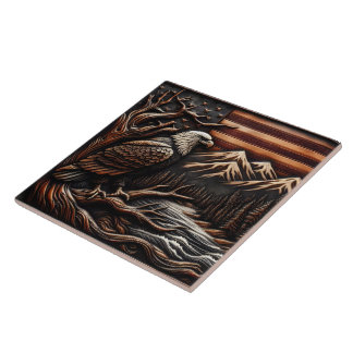 山と旗を持つアメリカの鷲の彫刻 タイル