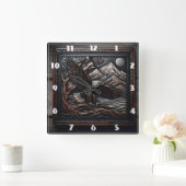 山と旗を持つイーグル彫刻デザイン スクエア壁時計 (ホーム)