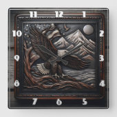 山と旗を持つイーグル彫刻デザイン スクエア壁時計 (正面)