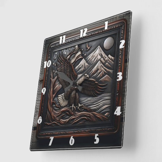 山と旗を持つイーグル彫刻デザイン スクエア壁時計 (傾斜)