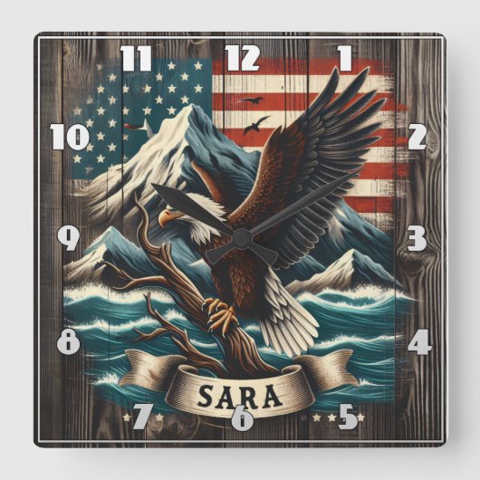 山と旗を持つイーグル スクエア壁時計 (正面)
